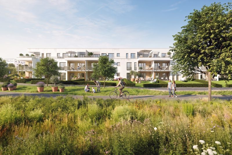 Visualisierung, 2026 mit KI veredelt und belebt: Wohnriegel hinter einer Blumenwiese, auf dem Weg ein Radfahrer, Spaziergänger und eine Familie